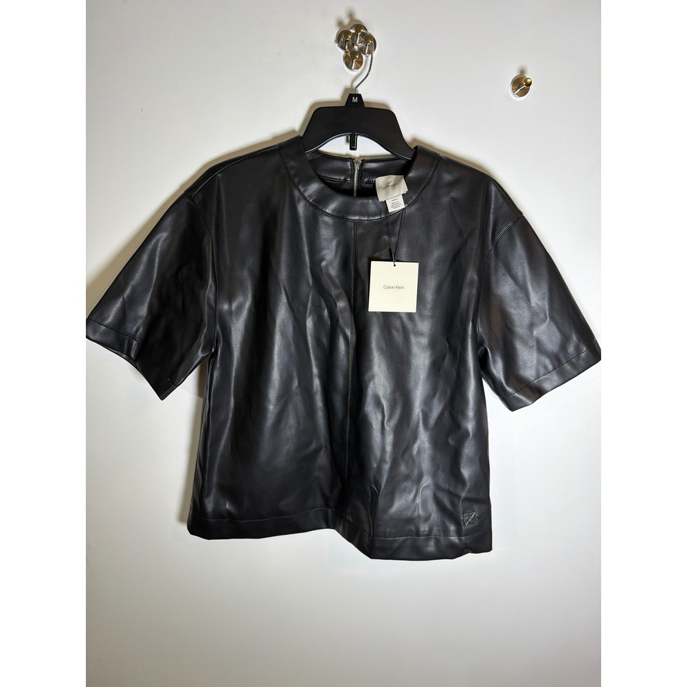 Calvin Klein Faux Leather Short Sleeve Top Black Crew Neck Zipper Back Small